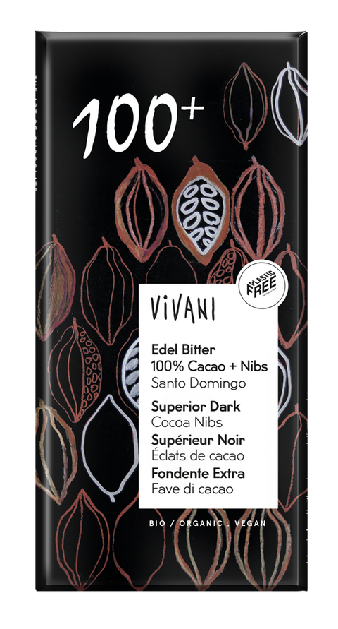 Vivani Dark 100+ Chocolate with Cocoa Nibs Vegan Organic 80g