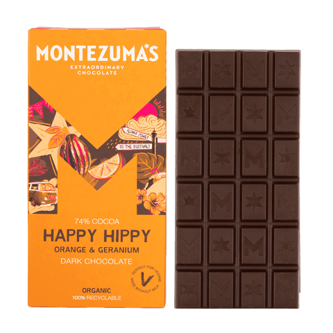 Montezuma's Happy Hippy 74% Dark Organic with Orange & Geranium 90g