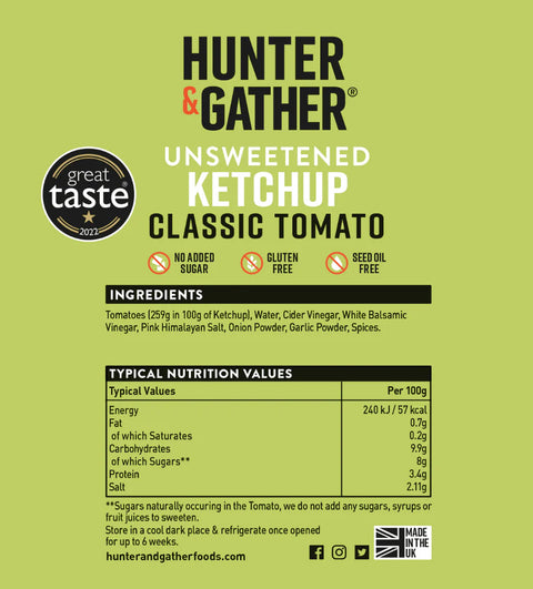 Hunter & Gather Unsweetened Tomato Ketchup Squeezy 350g